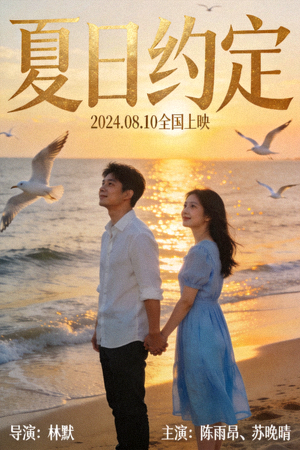 爱情电影《夏日约定》海报，海边浪漫情侣场景