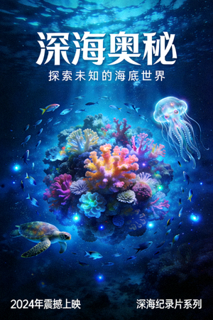 纪录片《深海奥秘》海报，呈现海洋生物与珊瑚礁